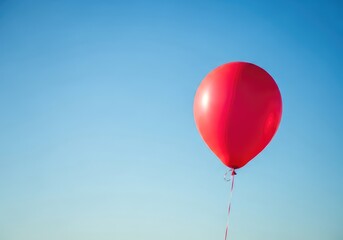 Fototapeta premium Vibrant crimson balloon drifting through a clear azure sky, featuring a soft vintage film aesthetic with subtle grain and natural sunlight, copy space, film, drift