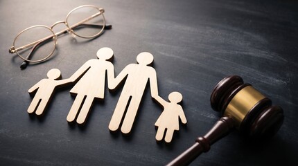 Wooden family figures stand alongside a judge gavel and reading glasses representing legal matters related to custody or child welfare and rights