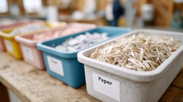 Various types of paper in colorful containers on a wooden table in a workshop setting