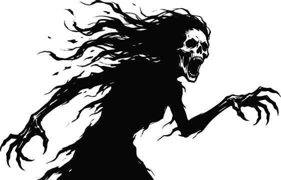 Dark skeletal wraith silhouette with flowing hair, clawed hands, screaming ghostly figure in eerie black and white supernatural horror artwork designMobile