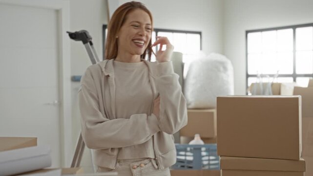 Woman redhead smiling with hand to cheek beside stacked cardboard moving boxes, rolled rug and bubble wrap in a sunlit studio; joy new home.