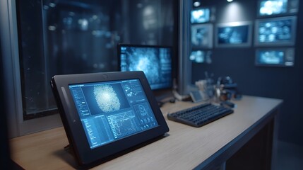 Fototapeta premium A sophisticated command center workspace displaying biometric scanning data and network schematics on modern digital screens