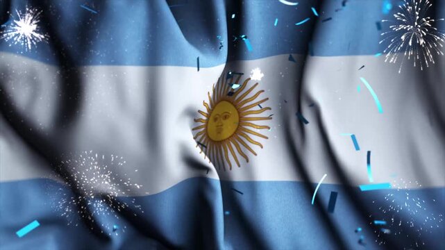 Argentina Flag Waving with Fireworks and Confetti Celebration Background, Argentine National Day Patriotic Visual, Festive Loop Animation