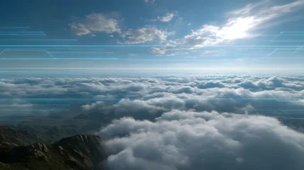A stunning digital landscape view above the cloud layers overlaid with futuristic blue holographic data networks © Bussakon