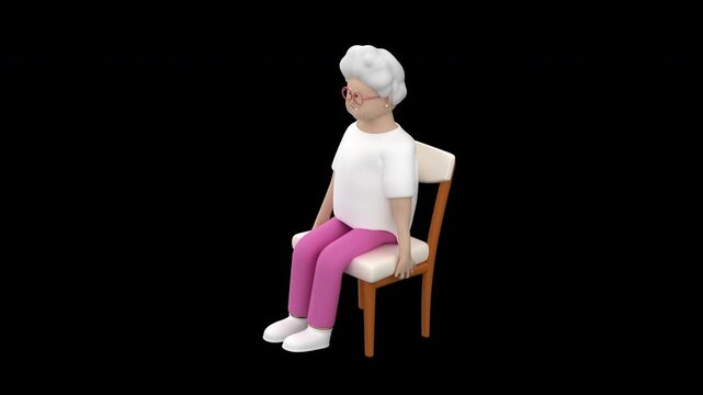 Senior fitness concept. Stylized animation of an elderly woman performing seated knee flexion on a chair, 3d render with alpha channel