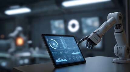 Fototapeta premium A robotic arm interacts with a tablet displaying complex data visualizations in a high tech modern laboratory setting