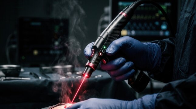 Medical Laser Treatment Procedure In Surgical Environment With Intense Red Light Illumination