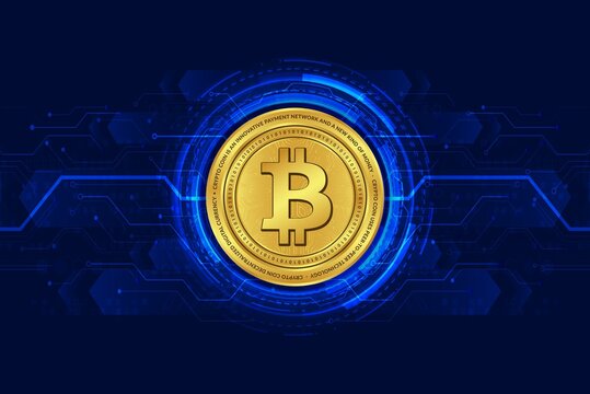 Bitcoin-BTC cryptocurrency logos drawings on digital background.