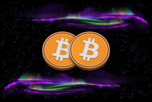 Bitcoin-BTC cryptocurrency logos drawings on digital background.