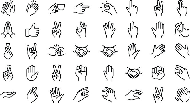 Collection of various hand gestures and signs on white background