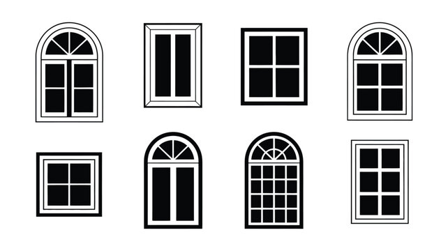 Window icons vector set, architectural window frames collection for house building, interior design, construction planning, and real estate visualization graphics