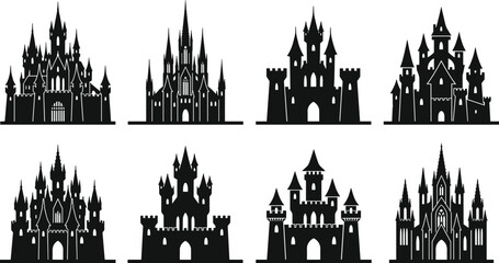 Collection of eight medieval fantasy castle silhouettes with towers and spires on white background © jannat Stock
