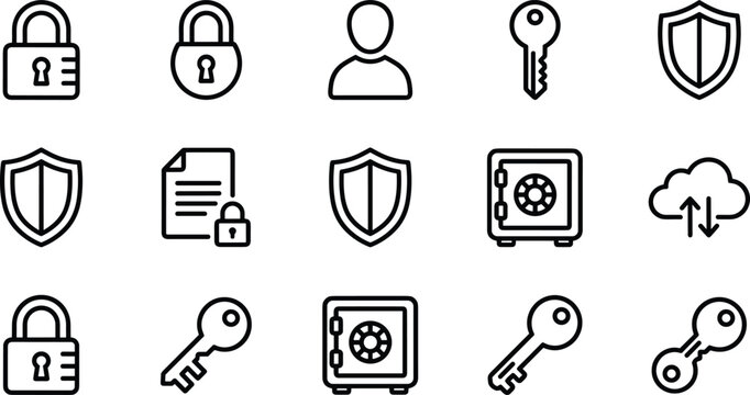 Collection of security icons including locks, Shields, Keys, And safes for protection concepts