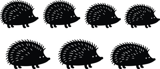 Set of cartoon hedgehogs in black silhouette on white background © jannat Stock