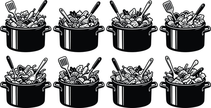 Eight black and white illustrations of pots filled with seafood and vegetables with utensils