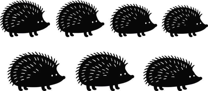 Set of cartoon hedgehogs in black silhouette on white background