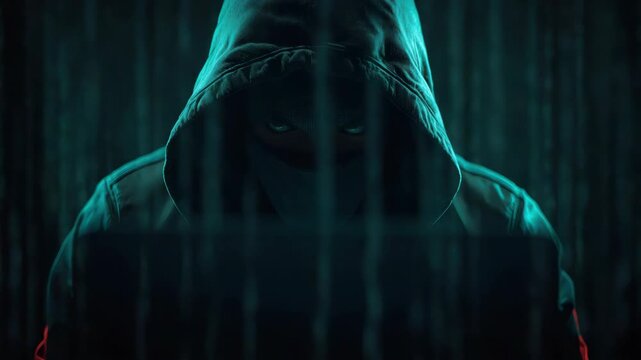 Hacker hood hoodie laptop mask cyber. masked hooded hacker working laptop with glowing code tense