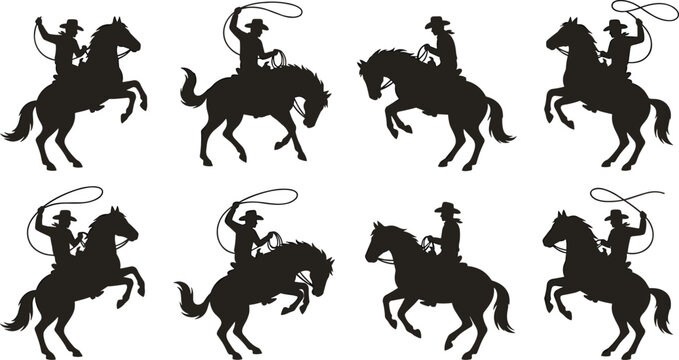 Set of eight black silhouettes cowboys riding horses with lassos on white background