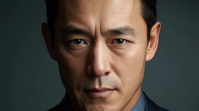 Serious middle aged asian man portrait face expression with dramatic lighting and neutral