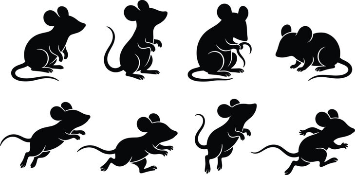 Set of eight black silhouette illustrations of mice in various poses on white background for design and decoration