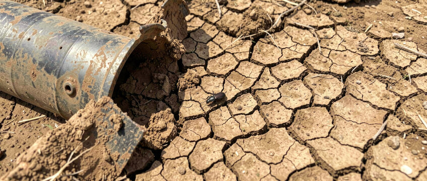 A lone metal pipe sits atop a dirt field, offering a simple yet striking image
