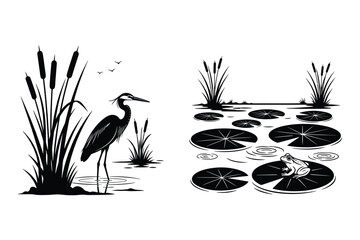 Fototapeta premium Heron and reeds by water with lily pads and frog wildlife silhouette peaceful