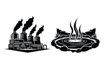 Naklejka premium Factory smokestacks and geothermal hot spring with industry pollution resource