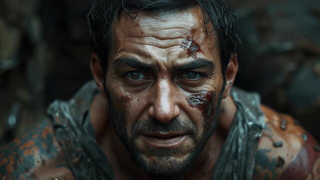 Rugged man portrait close up wounded with scar, dirt and blood, intense determined stare evocative