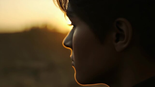 Young person profile silhouette at golden sunset with warm backlight golden hour thoughtful mood