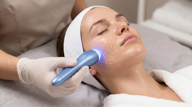 Cosmetologist performing cryotherapy facial on female client using cold treatment device for skin tightening and glow.