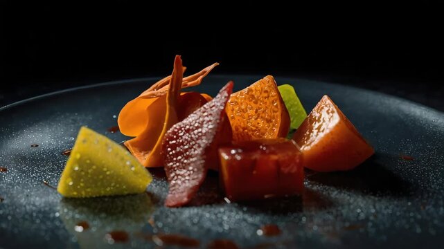 Vibrant modern dessert plating with glossy fruit gel, citrus segments and colorful plated fruit gel