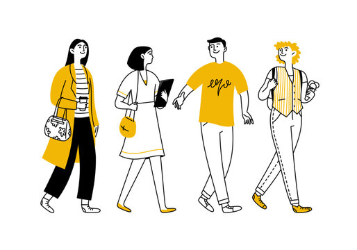 Doodle people. A group of young people, students, walking and talking. Interaction, friendship, communication. Vector linear illustration
