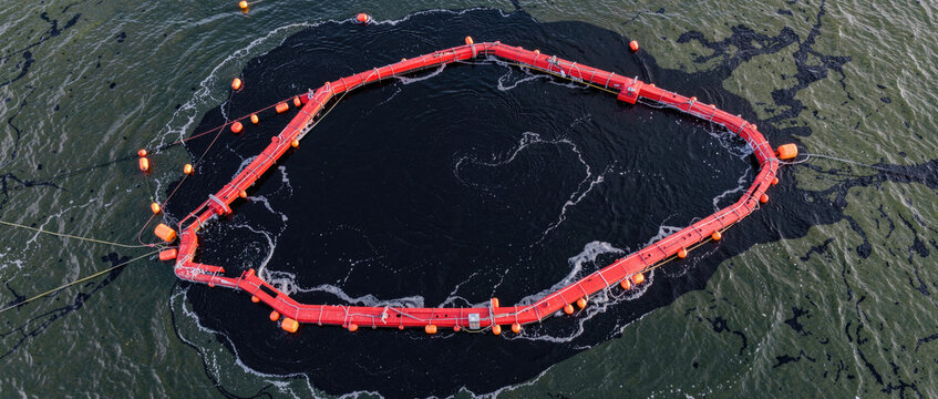 A collection of orange buoys forming a circular shape in the water, suitable for use in scenes related to beach activities or environmental issues