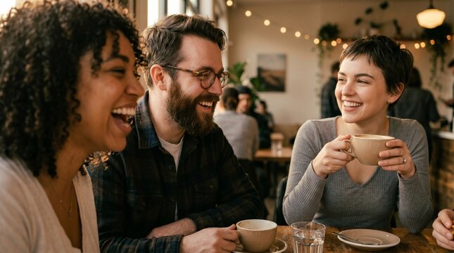 Three Friends Laughing Together Over Coffee at a Cozy Caf&eacute; Table