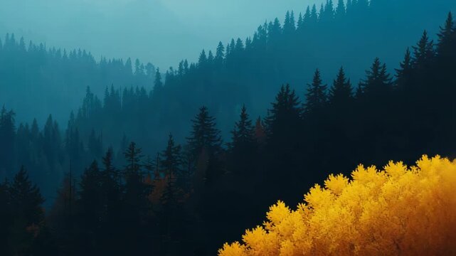 Misty conifer forest ridge with layered blue mountain ridges fog and golden foliage