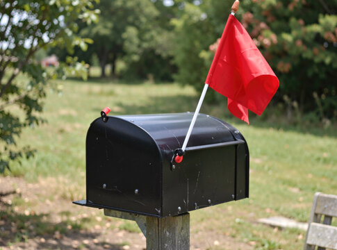 A post box with a raised red flag indicating mail or package delivery