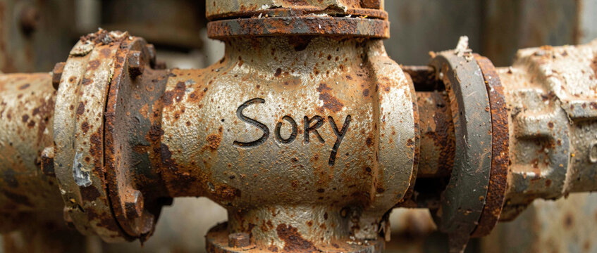 A close-up of a rusty pipe with the word 'sorry' written on it