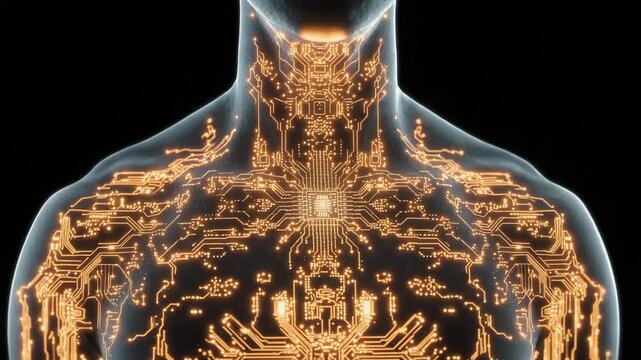 Glowing circuit board pattern across translucent human torso bioelectronic motherboard glowing