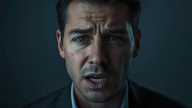 Worried man portrait close up dramatic lighting facial expression moody businessman low key dramatic