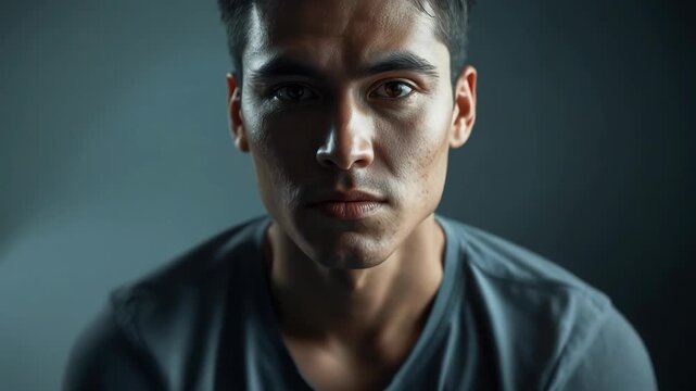 Young man hand portrait framing face and eyes reaching forward with focused expression dramatic