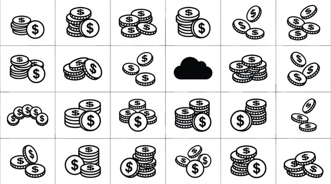 Collection of dollar coin icons in various stack and pile arrangements with a cloud symbol