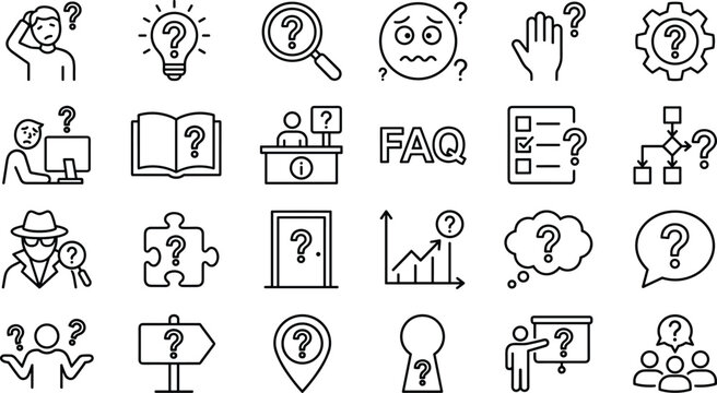 Collection of question mark icons for FAQ and problem solving concepts