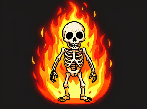 A  skeleton standing in front of a warm fire, ready for Halloween celebrations or spooky decorations