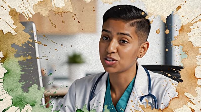 A young female doctor with short hair wearing a white lab coat and stethoscope. She is smiling in a professional office setting with artistic watercolor frame. Ideal for healthcare advertising.