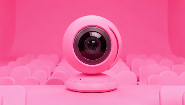 A pink camera sits on top of a table