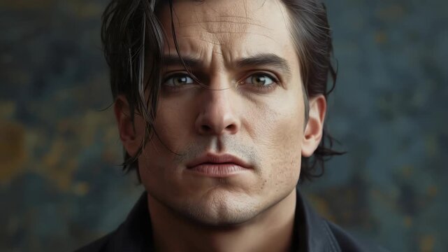 Intense close up portrait of man in leather jacket moody dramatic textured lighting