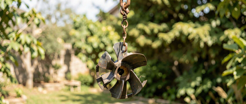 A metal wind spinner hangs from a tree branch, spinning in the breeze