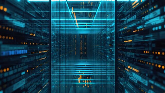 Futuristic data center corridor with glowing blue neon grid, server racks and reflective glass