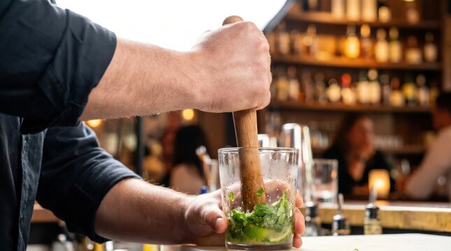 Bartender using a wooden muddler to crush mint leaves and lime in a glass at a bar