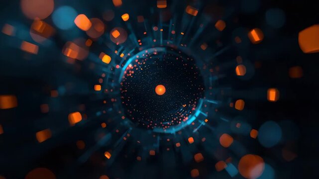 Futuristic glowing orb tunnel with floating orange particles and blue light particle vortex